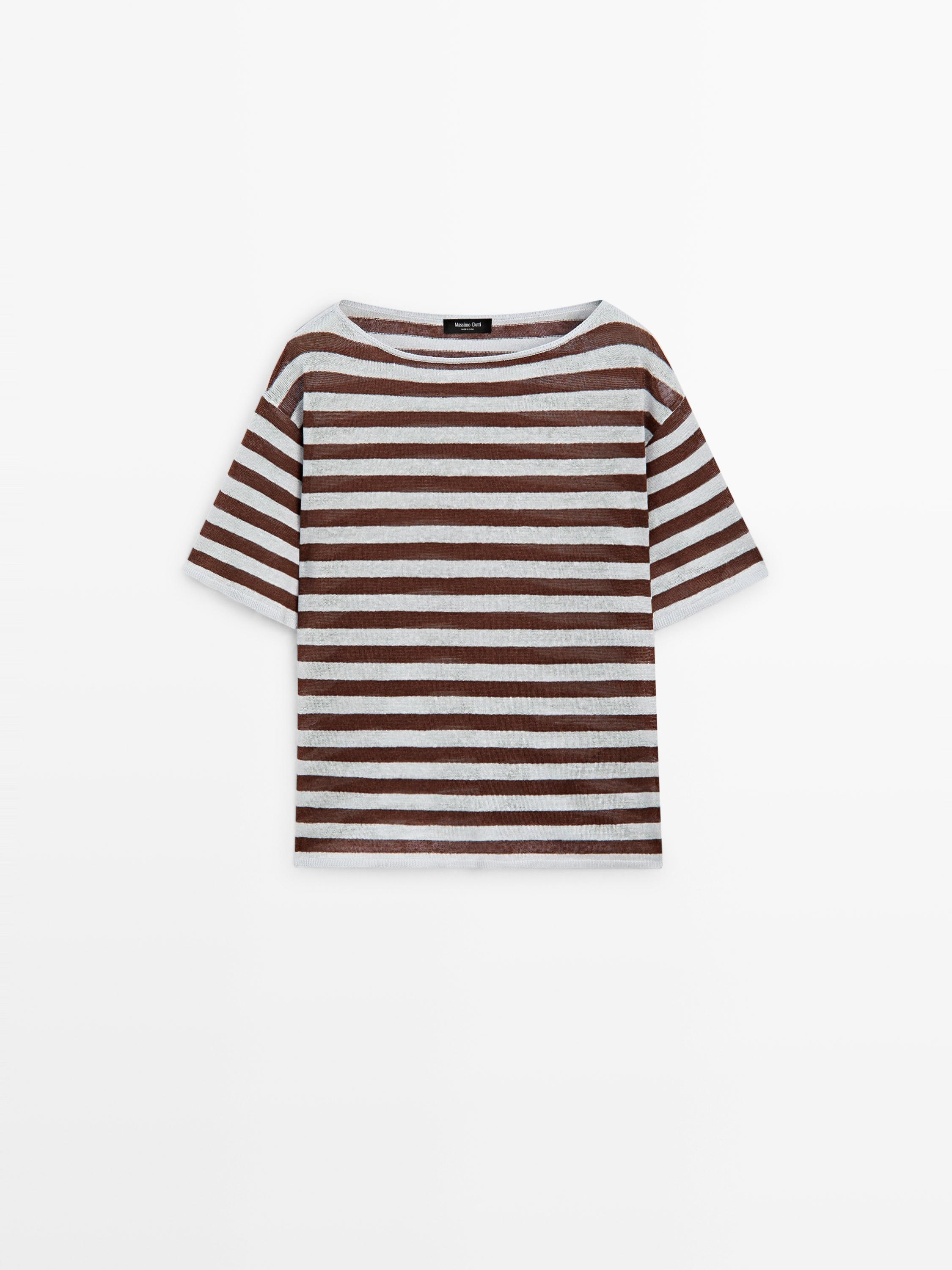 T-shirt col bateau à rayures en lin